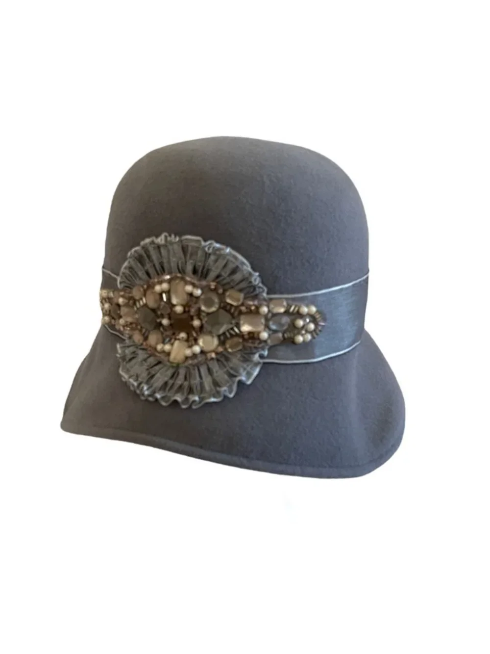 Louise Green Beaded Gray Felt Cloche Hat With Satin Band & Embellished Detailing